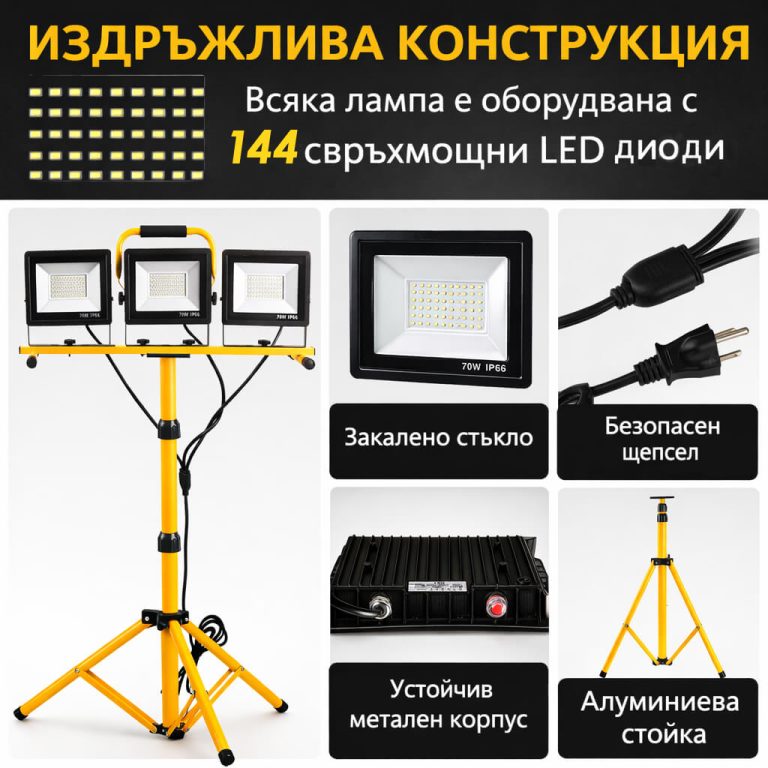 Троен LED прожектор на статив 30000 lm – строителна лампа 220V