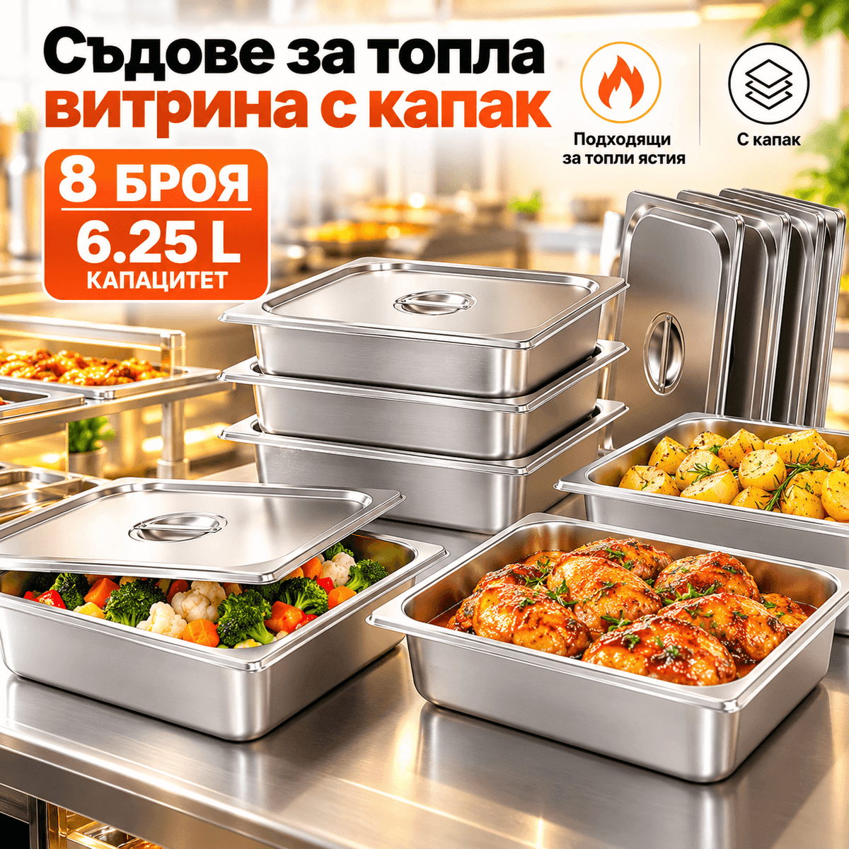 Гастронорм съдове GN 1/2 с капаци, 8 × 6,25 л – 6,25 л, снимка 1